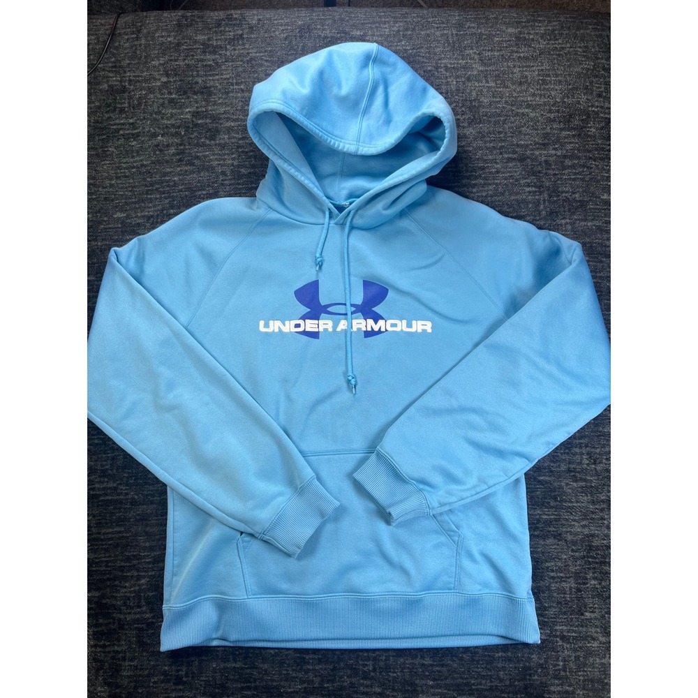 Under Armour Hoodie Men Large Light Blue Big Logo Fleece Pullover‎ Raglan Sleeve